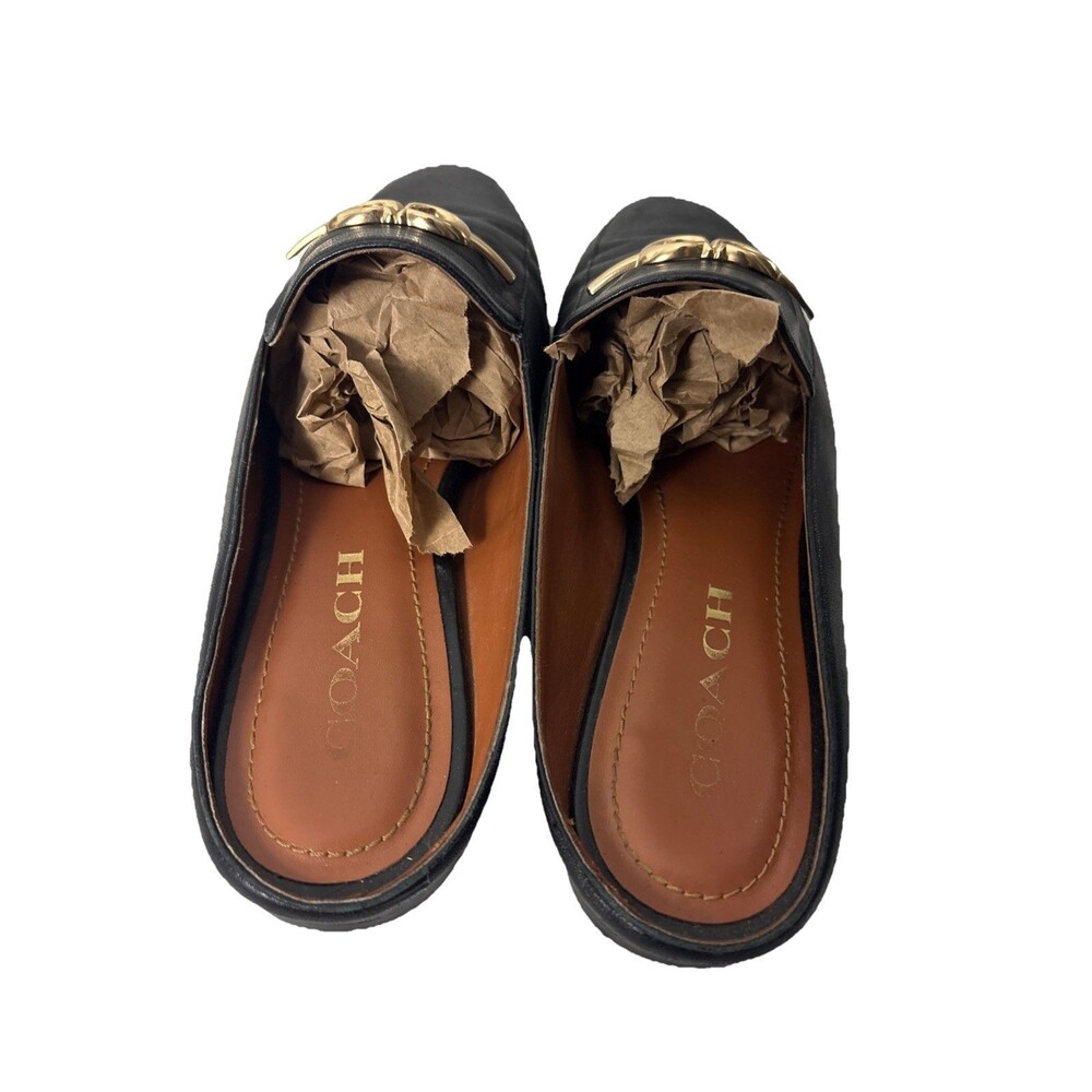 Coach Sienna Leather Slide Size 6 Black with Gold Logo Shoes Flats - Picture 3 of 10